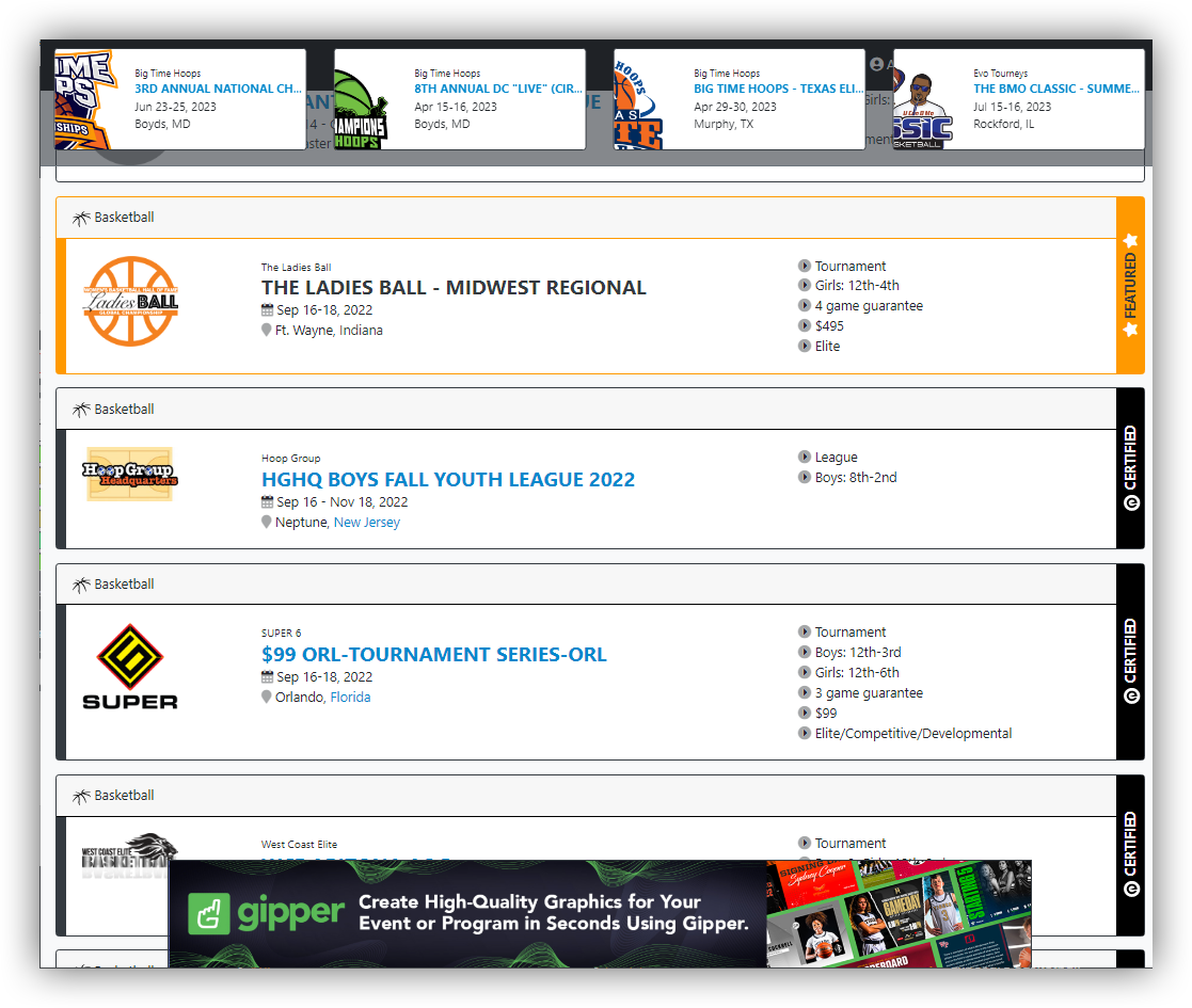 Event, Tournament, League basketball Directory Listing